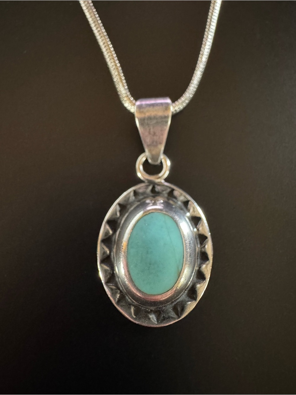 Sterling Silver Turquoise Pendant Necklace - Mexico - 15” Snake Chain